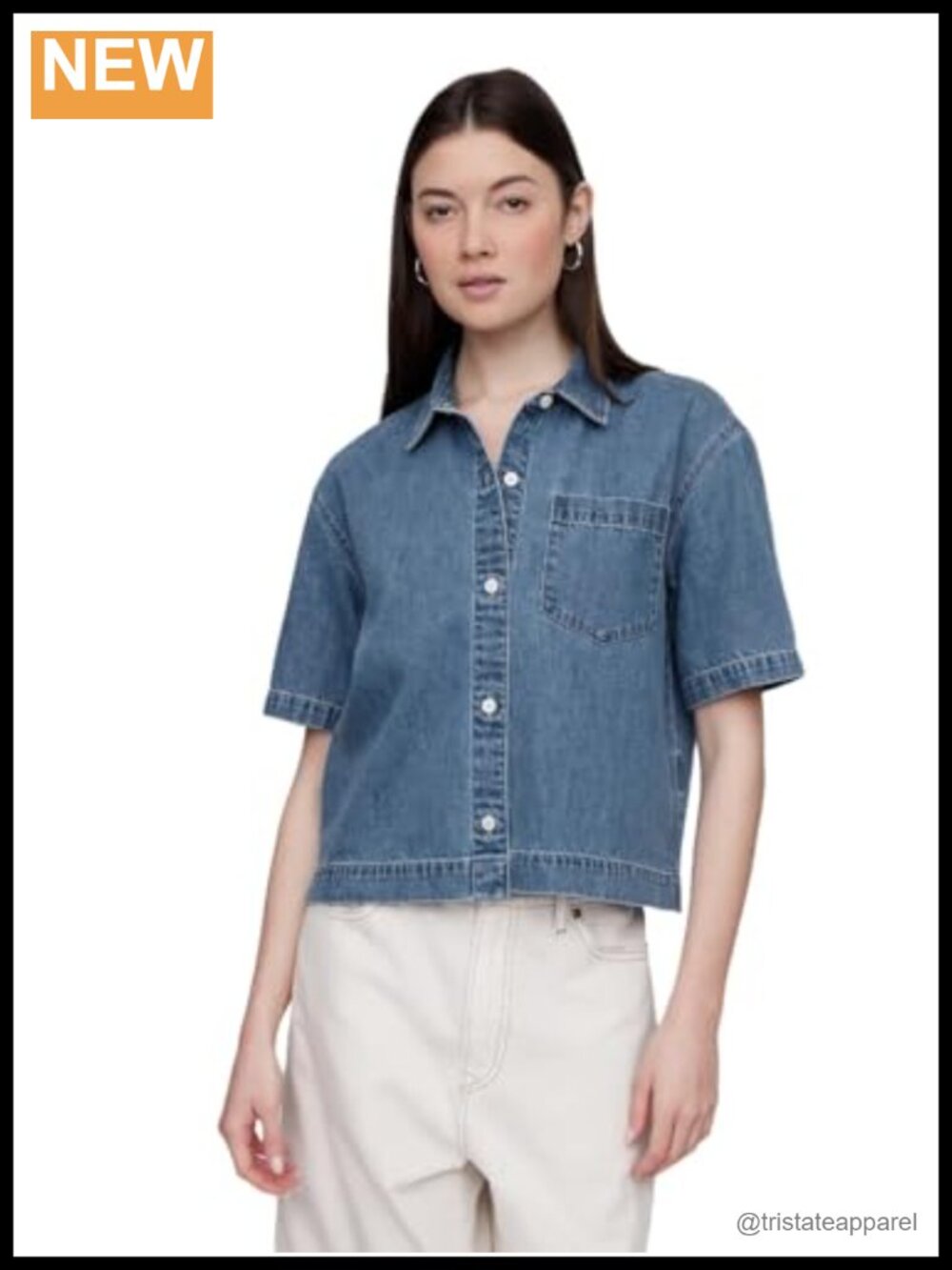 Women's Short Sleeve Button Up Denim Shirt 100% Cotton